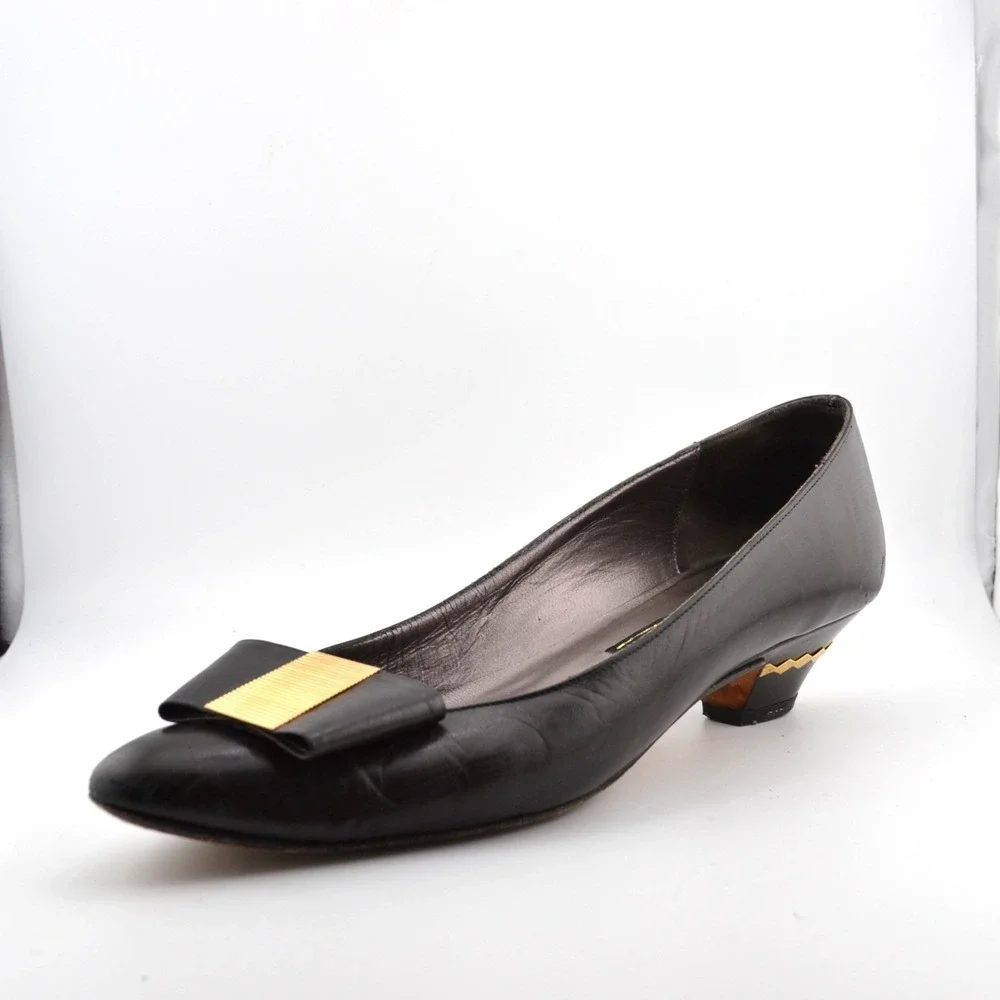 Roberto Capucci Kitten Heels Womens Black Excellent‎ Gold Trim Bow Pumps Womens